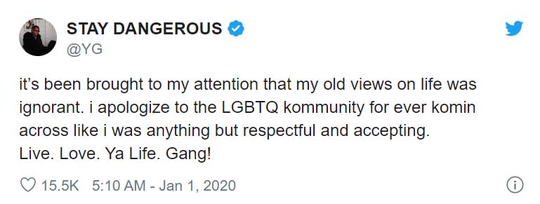 El rapero YG pide disculpas a la comunidad LGBT